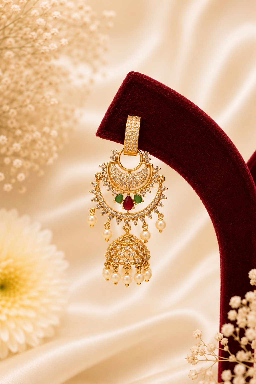 Combination Stud & Zircon Jhumka Earrings with Pearl Hangings