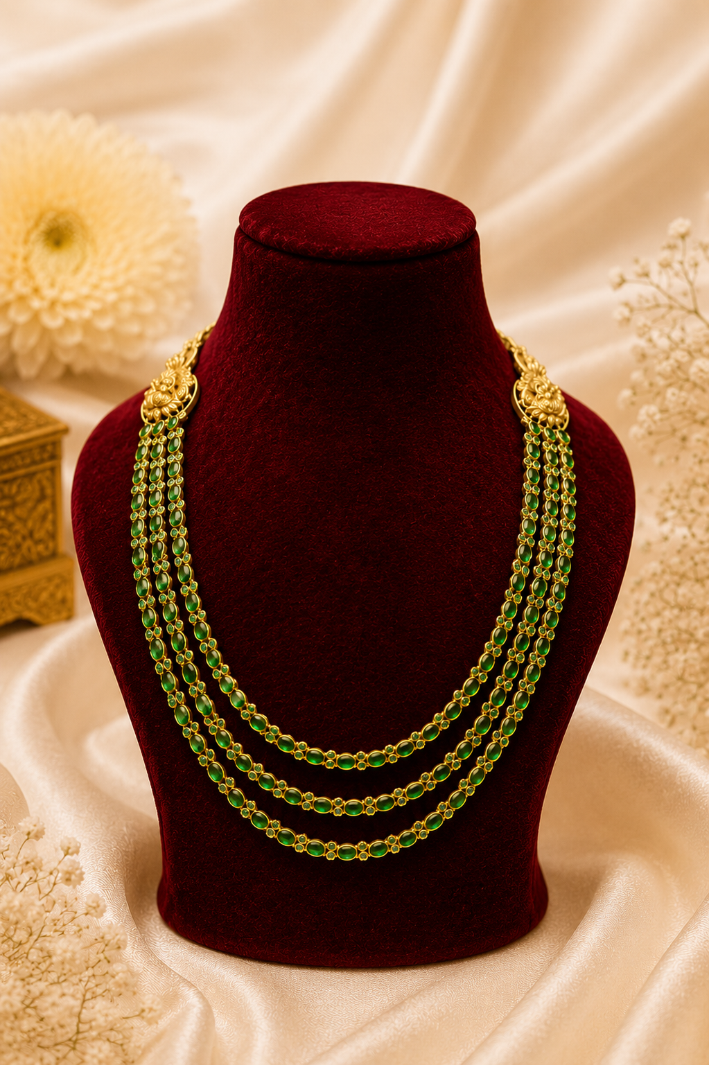 Antique Gold-Plated Temple Layered Haaram Set with Emerald Detailing