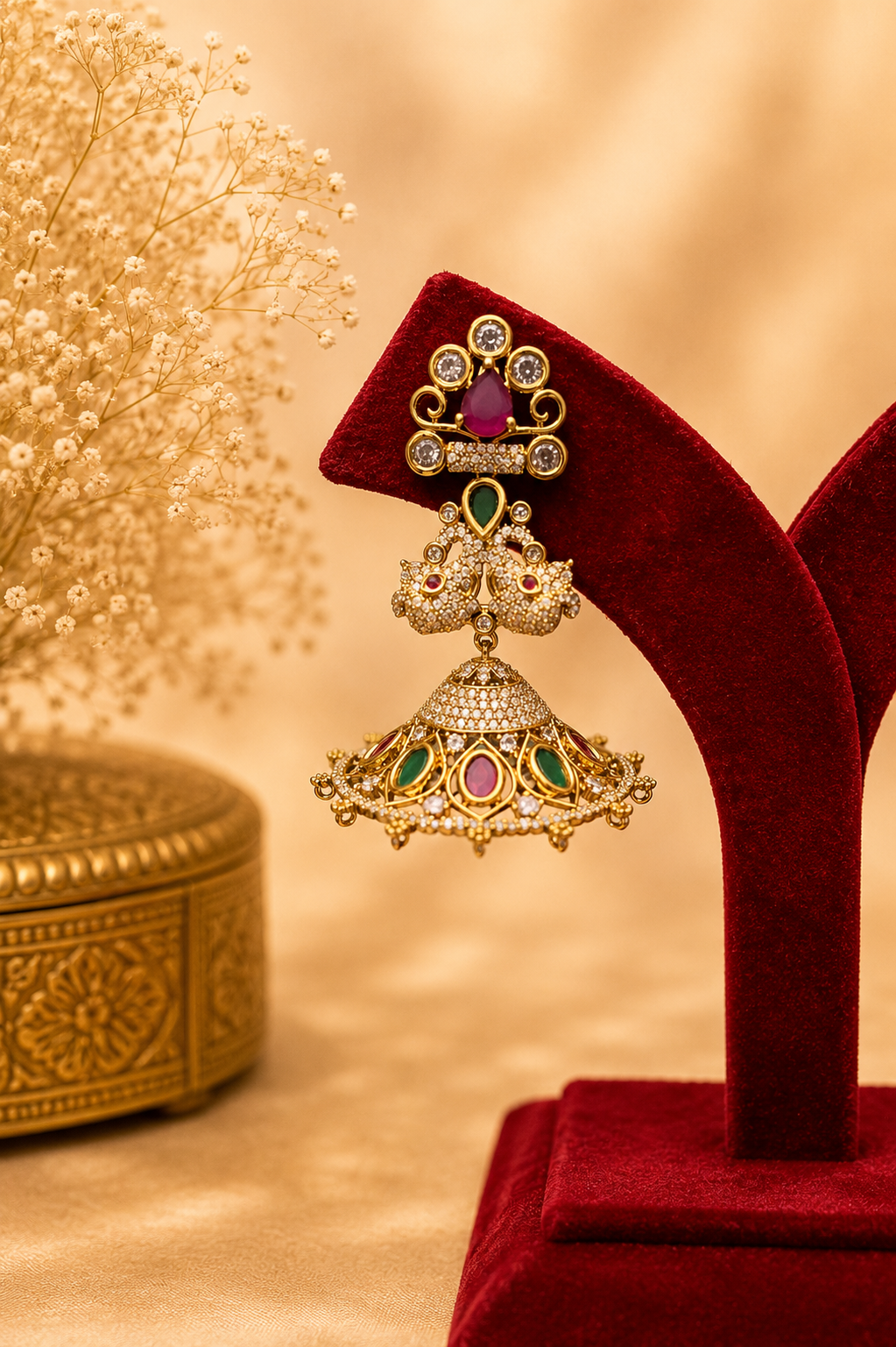 Antique Zircon Jhumka Earrings with Ruby & Emerald Stones