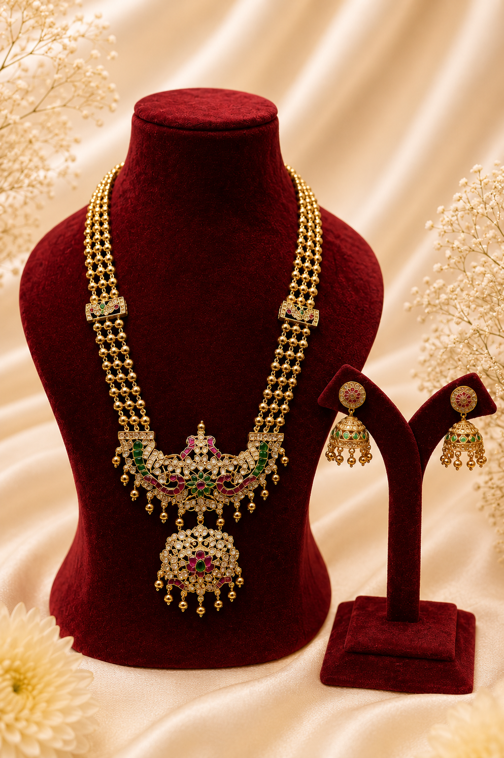Long Antique Gold-Plated Haaram Set with Traditional Pendant & Jhumkas