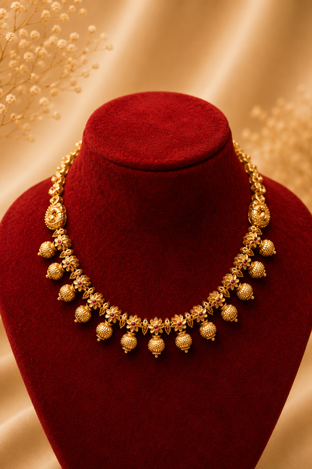 Antique Gold-Plated Necklace Set with Textured Drops & Pearl Jhumka Earrings
