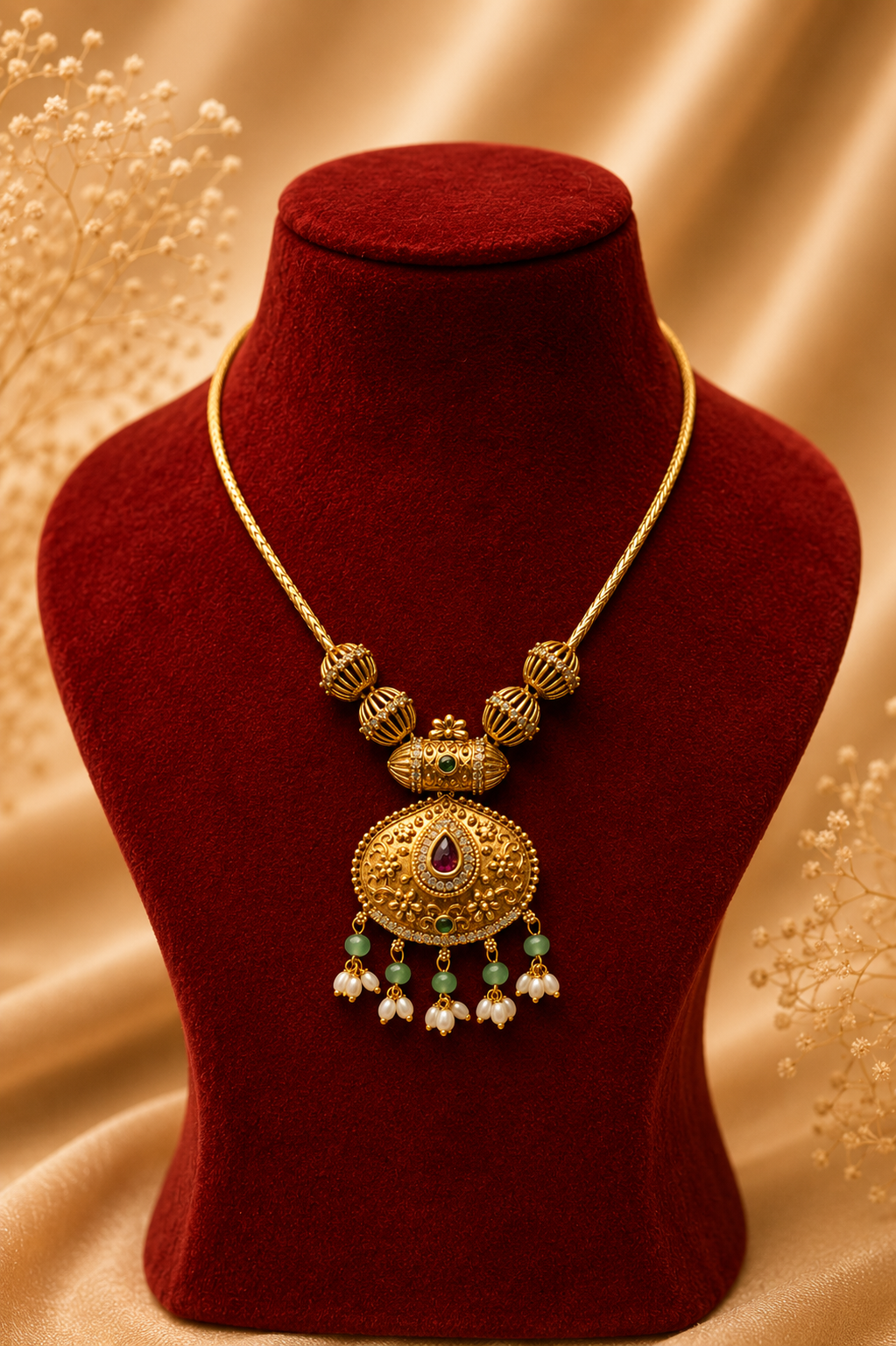 Antique Gold-Plated Chained Necklace Set with Temple Pendant & Green Bead Drops