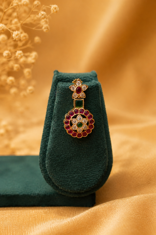 Statement Antique Temple Coin Motif Necklace Set with Ruby, Emerald & White Stone Detailing
