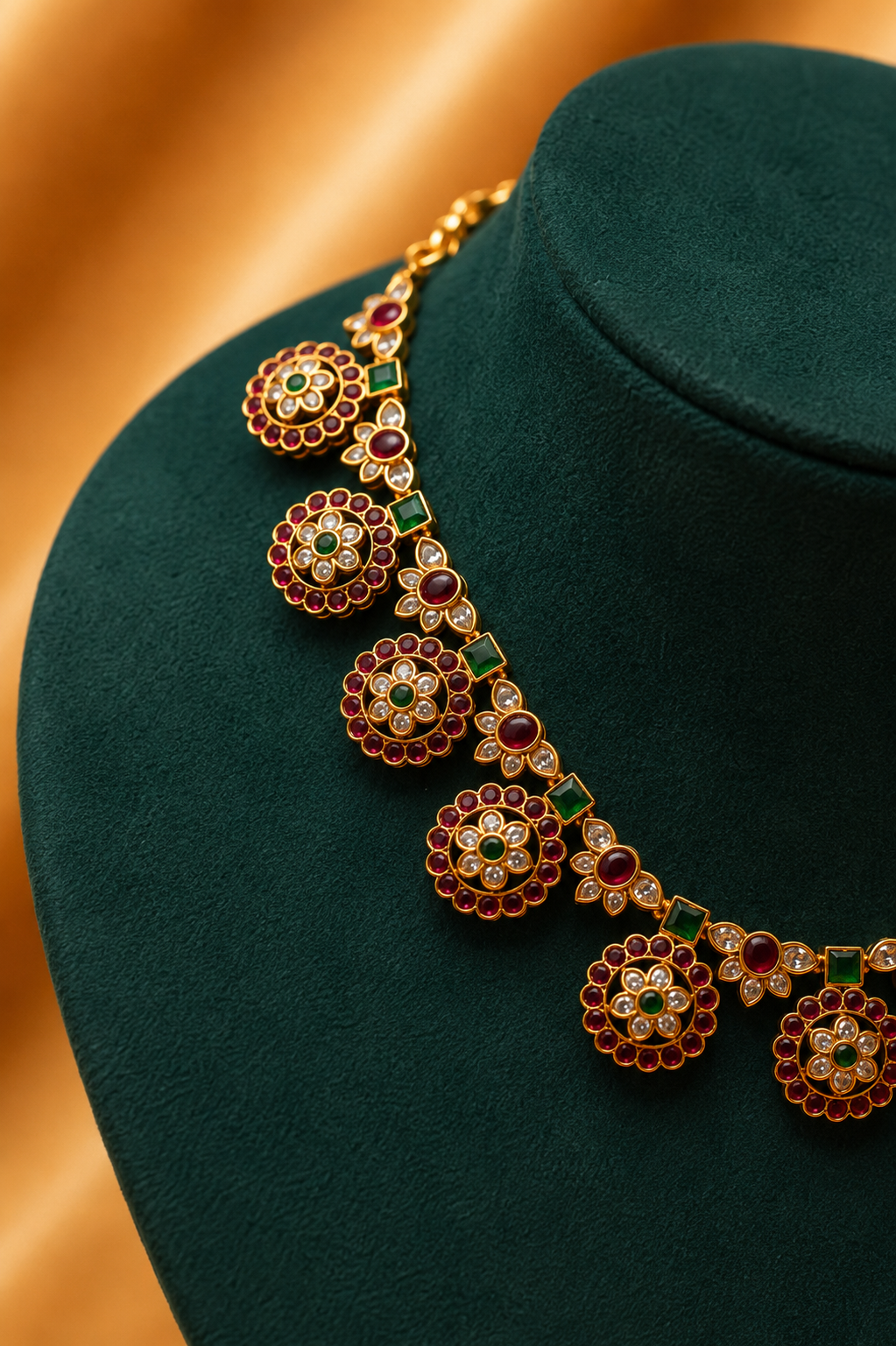 Statement Antique Temple Coin Motif Necklace Set with Ruby, Emerald & White Stone Detailing