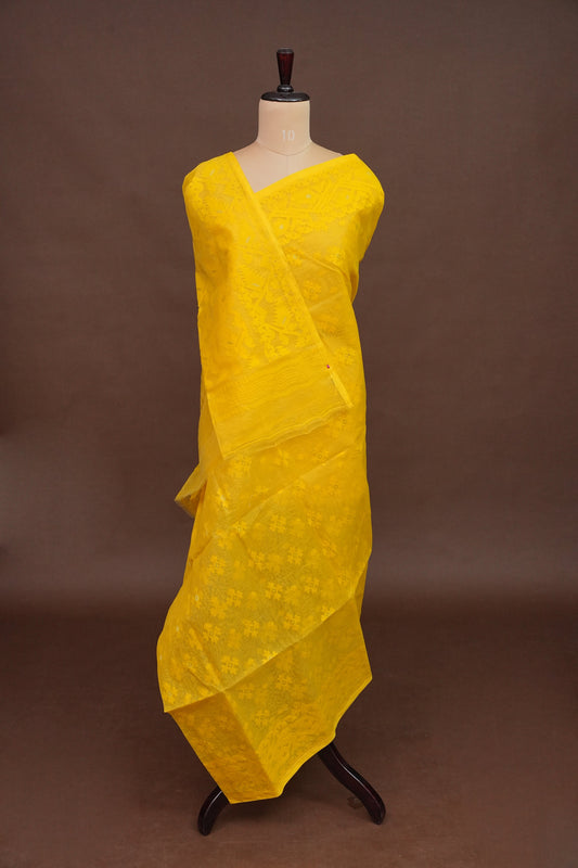 Handloom Jamdani Cotton Saree - Turmeric Yellow