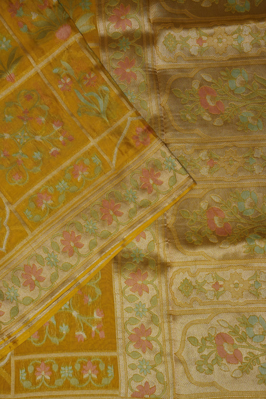 Mustard Yellow Woven Floral Tussar Georgette Saree with Zari Border