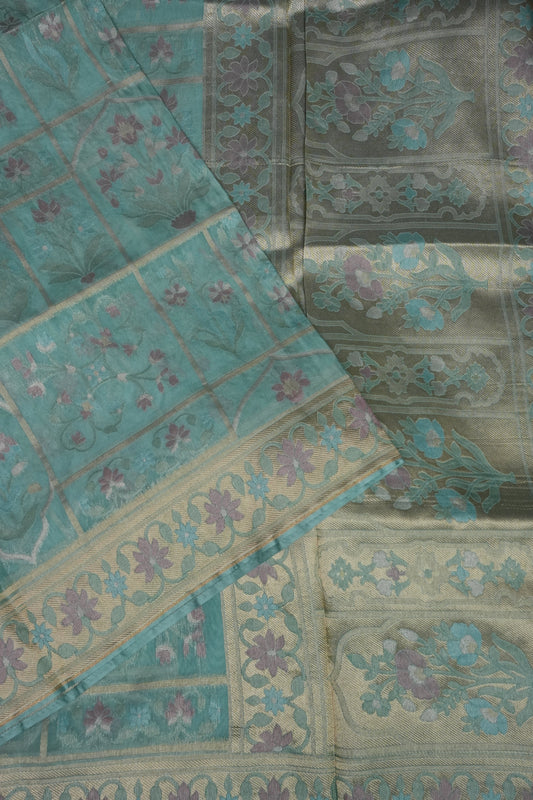 Sea Green Woven Floral Tussar Georgette Saree with Zari Border