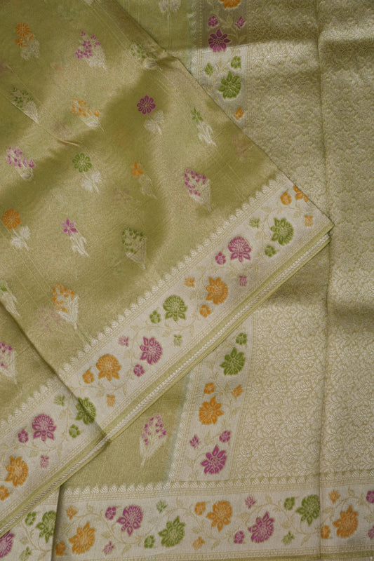 Mellow Tissue Pastel Green Saree with Banarasi Silver Weaving & Paithani Borders