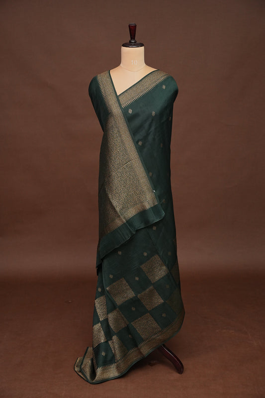 Forest Green Semi Tussar Raw Silk Saree with Gold Woven Elegance