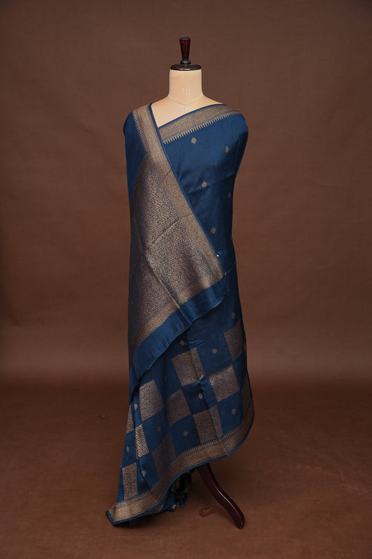 Teal Blue Semi Tussar Raw Silk Saree with Gold Woven Elegance