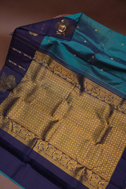 Pure Kanchipuram Silk Saree with Rich Gold Zari Pallu - Teal Blue & Navy Border