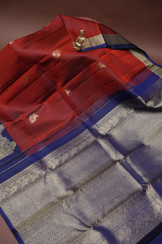 Pure Kanchipuram Silk Saree with Gold Zari Weave - Rust & Navy Blue