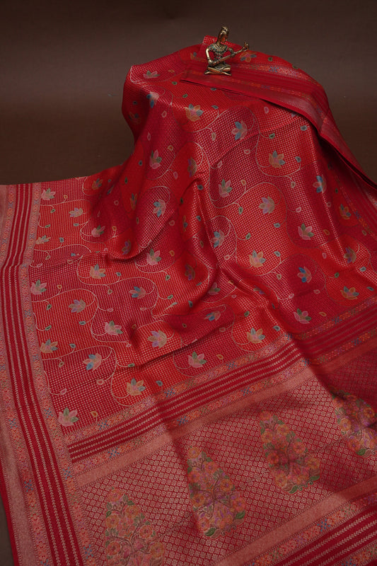 Kashmiri Pashmina Mellow Tissue Banarasi Saree - Red