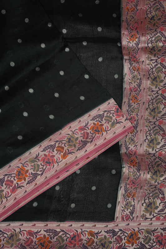 Tussar Banarasi Raw Silk Saree with Floral Paithani Weaves β Bottle Green