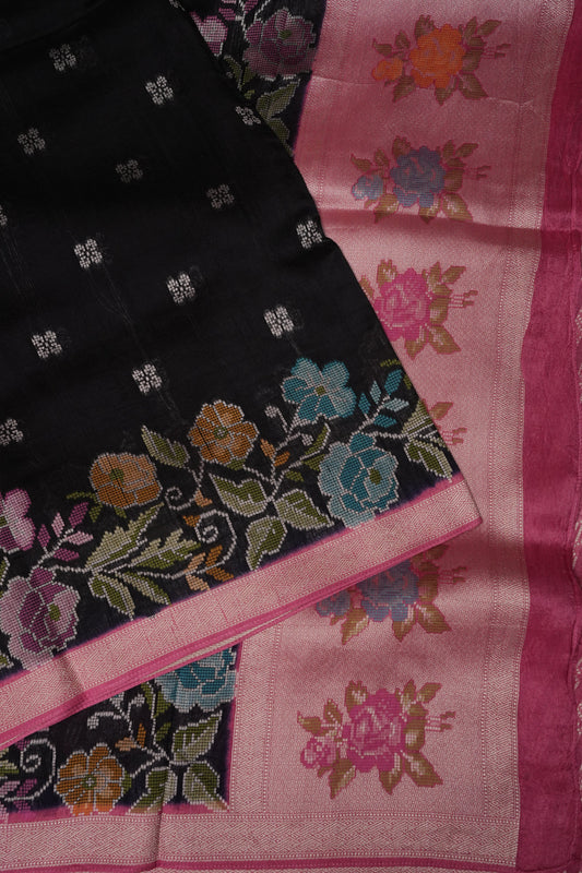 Tussar Banarasi Raw Silk Saree with Floral Paithani Weaves β Bottle Green & Pink