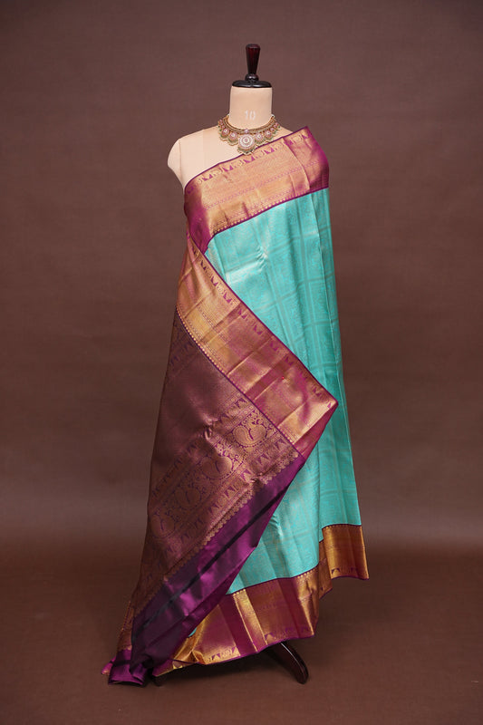 Pure Kanchipuram Silk Saree with Contrast Purple Border & Rich 2 Gram Zari - Aqua Blue