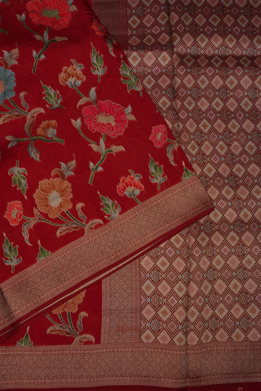 Tussar Banarasi Raw Silk Saree with Floral Paithani Weaves β Deep Red