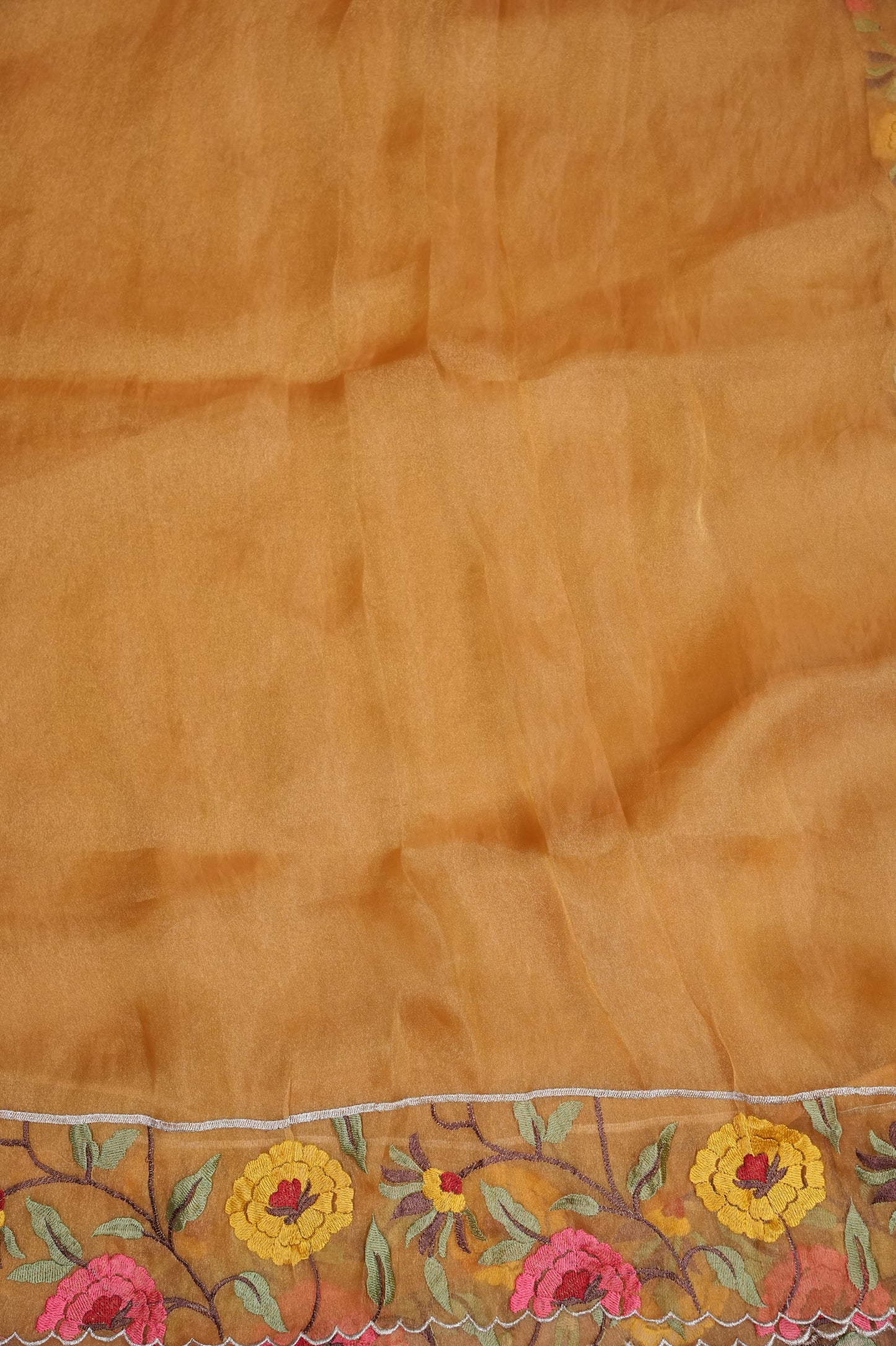 Soft Organza Saree with Floral Embroidered Border - Mustard Yellow