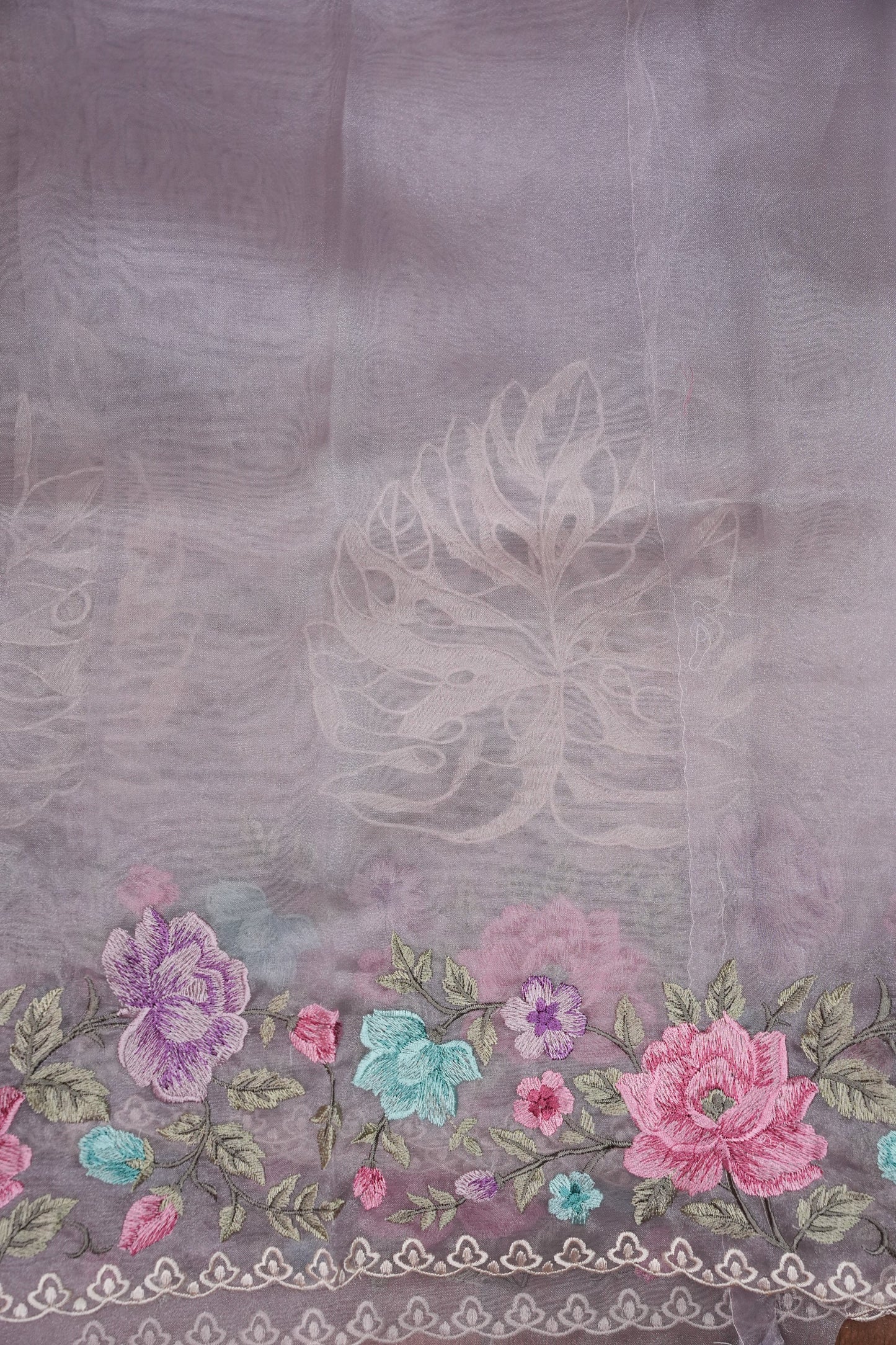 Pure Organza Saree with Floral Embroidered Border - Light Lavender Pastel