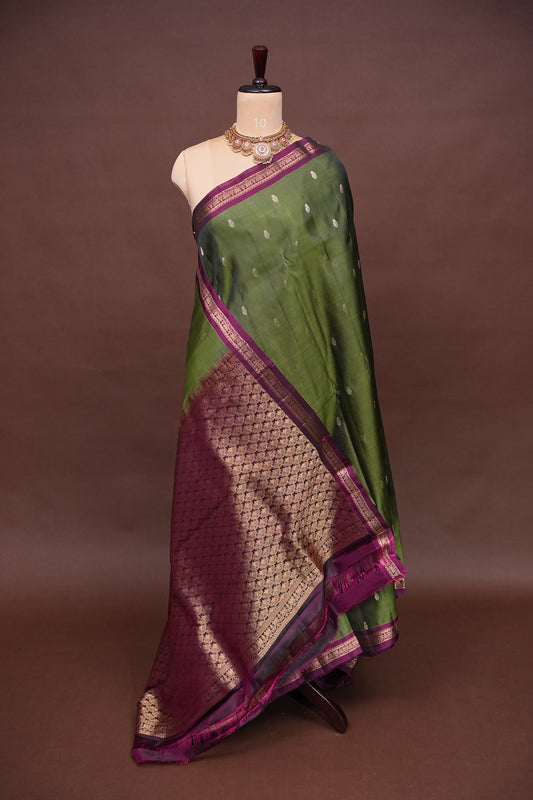 Pure Soft Silk Saree with Contrast Deep Purple Border & Rich Zari Pallu - Olive Green