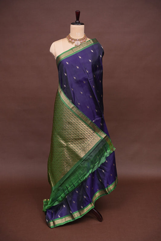 Pure Soft Silk Saree with Rich Zari Pallu - Deep Purple & Emerald Green