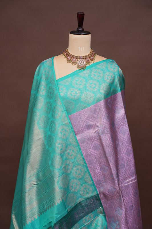 Pure Kanchipuram Fully Brocade Zari Silk Saree with Intricate Zari Weave - Aqua Green & Lavender