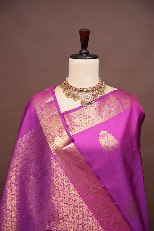 Pure Kanchipuram Silk Saree with Rich Gold Zari Weaving - Magenta