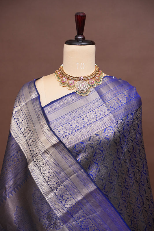 Brocade Pure Kanchipuram Silk Saree with Antique Gold Zari - Royal Blue