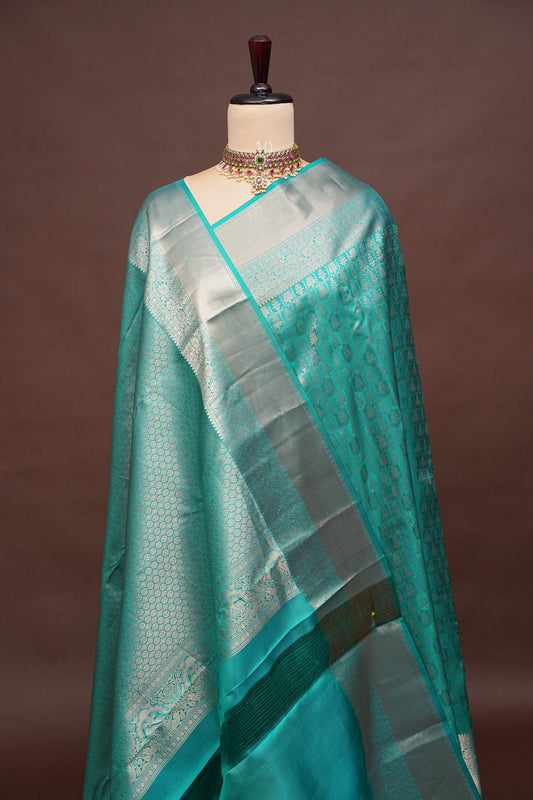 Aqua Green Pure Kanchipuram Silk Saree with Antique Gold Zari Weaving|Silk Mark Certified