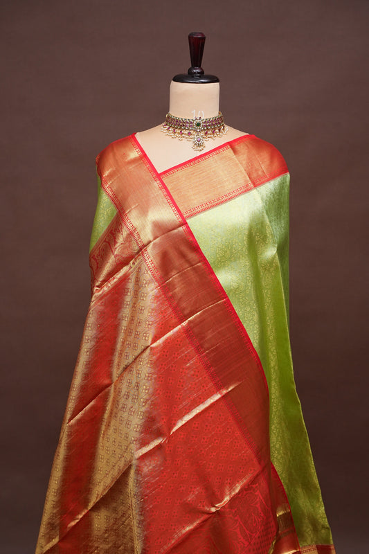 Pure Tissue Kanchipuram Silk Saree - Pistachio Green & Red Border| Silk Mark Certified