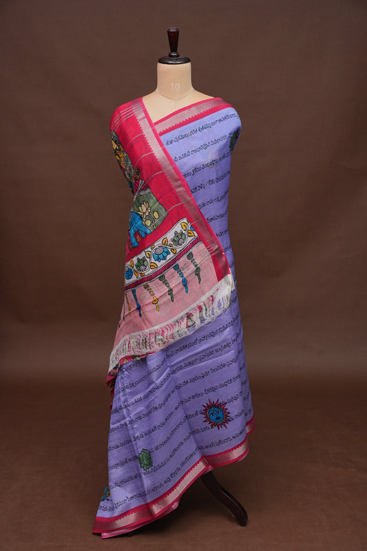 Mangalagiri Printed Silk Saree - Lavender & Rani Pink