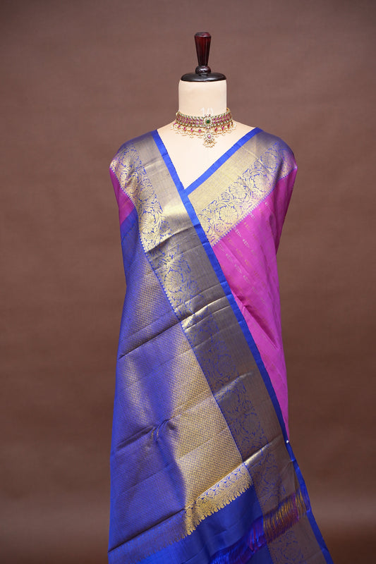 Royal Blue & Pink Pure Kanchipuram Silk Saree with Rich Gold Zari Border|Silk Mark Certified