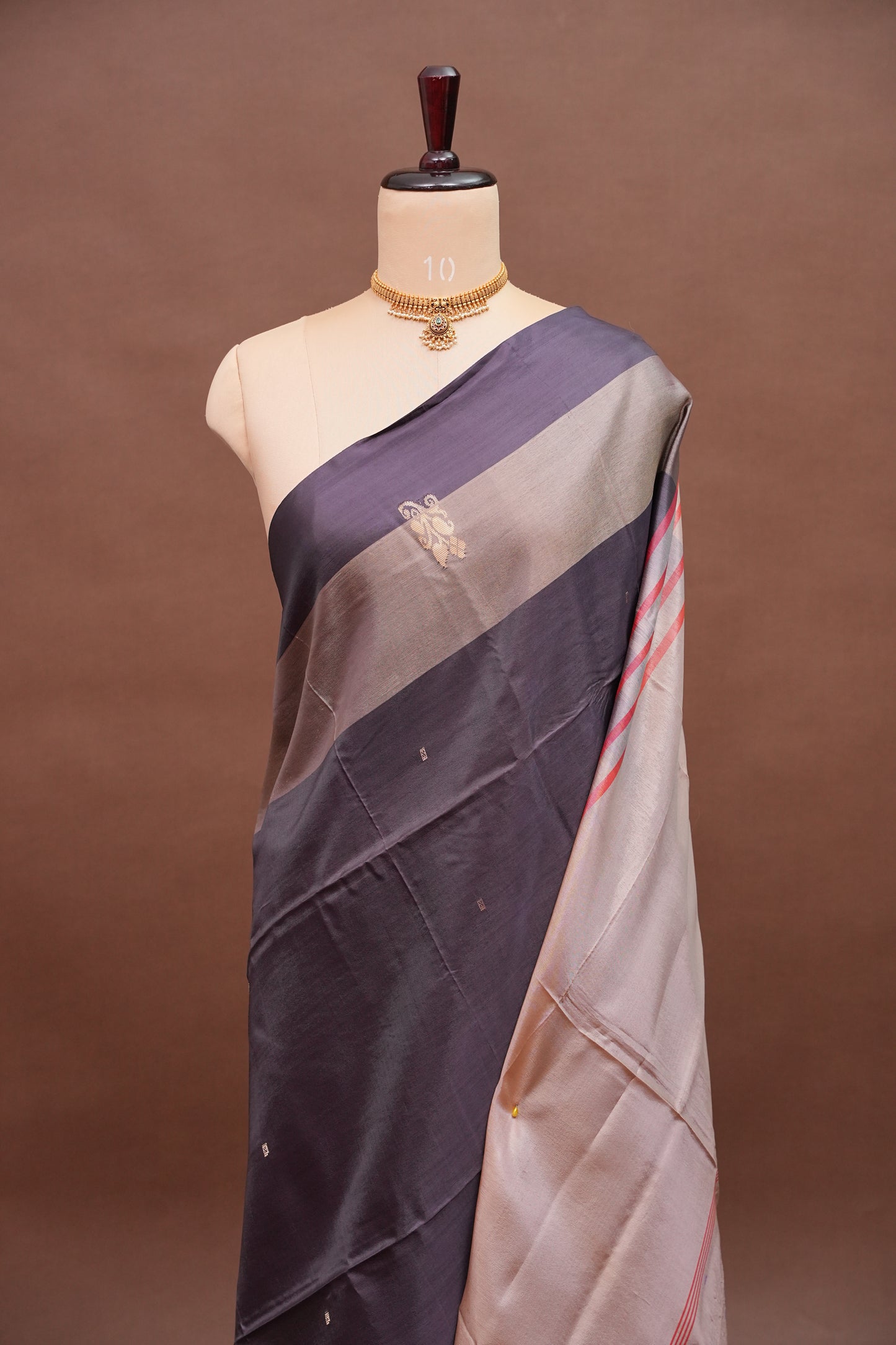 Handwoven Vegan Banana Pith Saree β Chocolate brown & Ivory White with Traditional Motifs