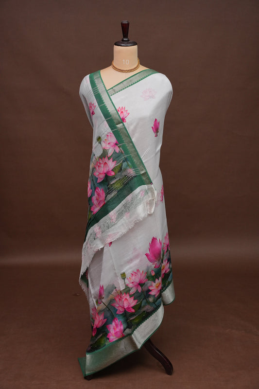 Mangalagiri Printed Silk Saree - Pearl White & Lotus Pink