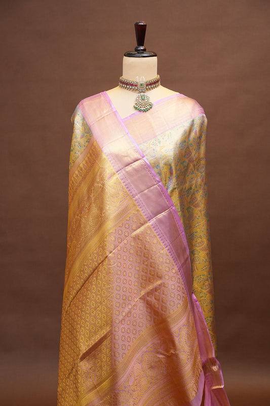 Beige & Gold and Baby Pink Pure Tissue Kanchipuram Silk Saree|Silk Mark Certified