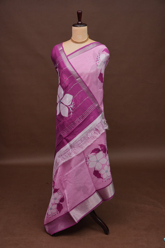 Mangalagiri Printed Silk Saree - Blush Pink & Wine Purple