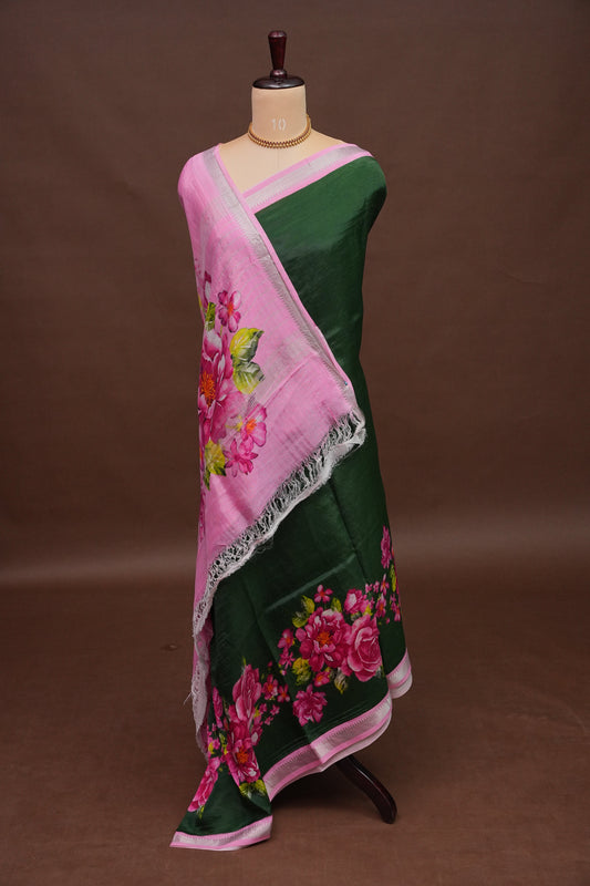 Mangalagiri Printed Silk Saree - Bottle Green & Blush Pink