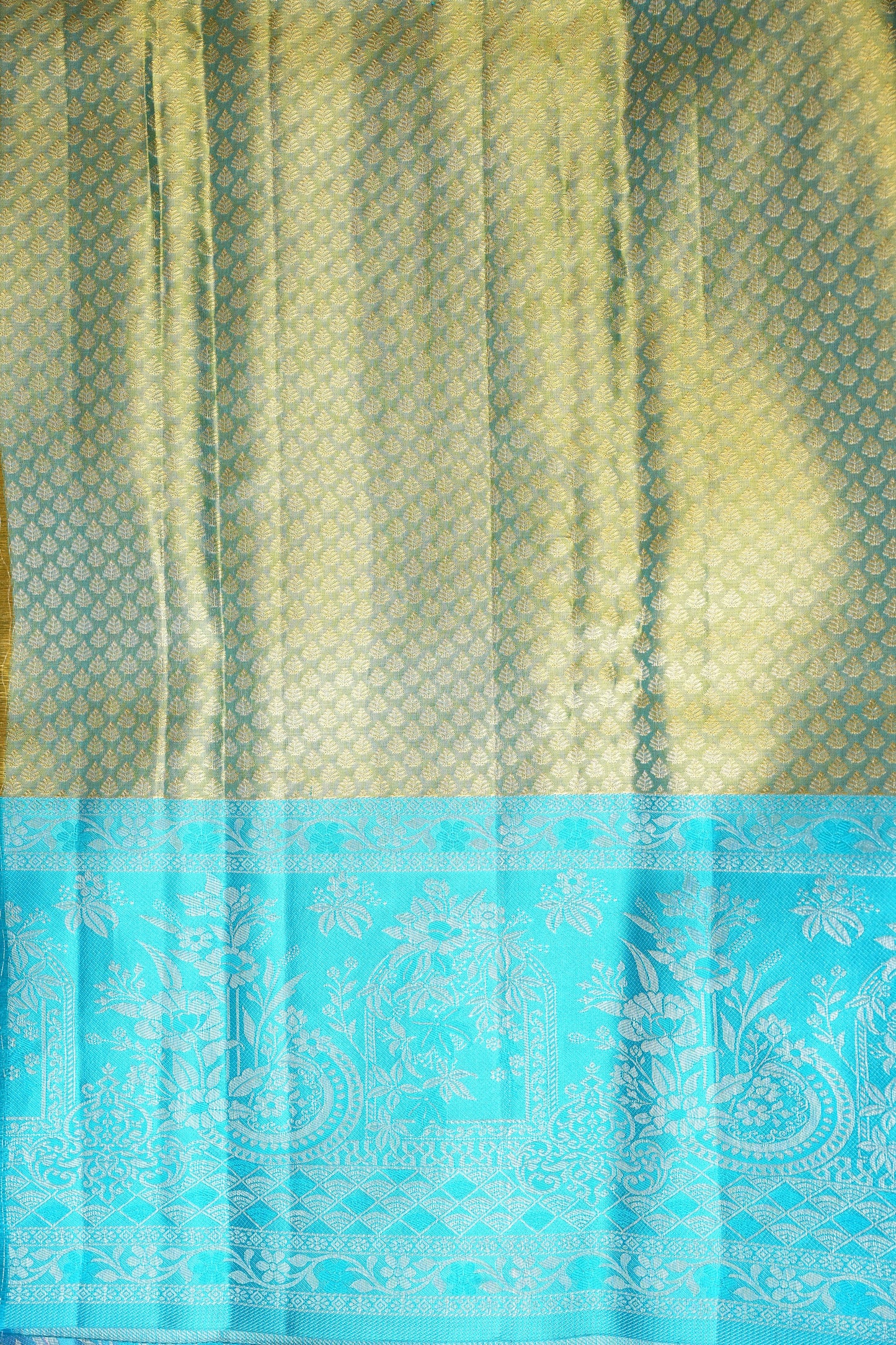 Pure Tissue Kanchipuram Silk Saree - Peach with Turquoise| Silk Mark Certified