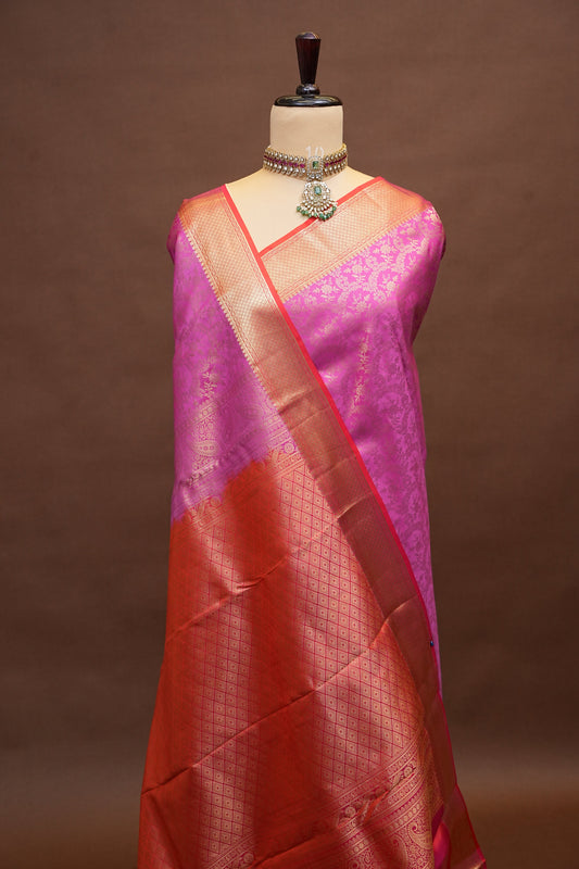 Pure Kanchipuram Silk Saree with Rich Gold Zari Weave - Candy Pink & Orange