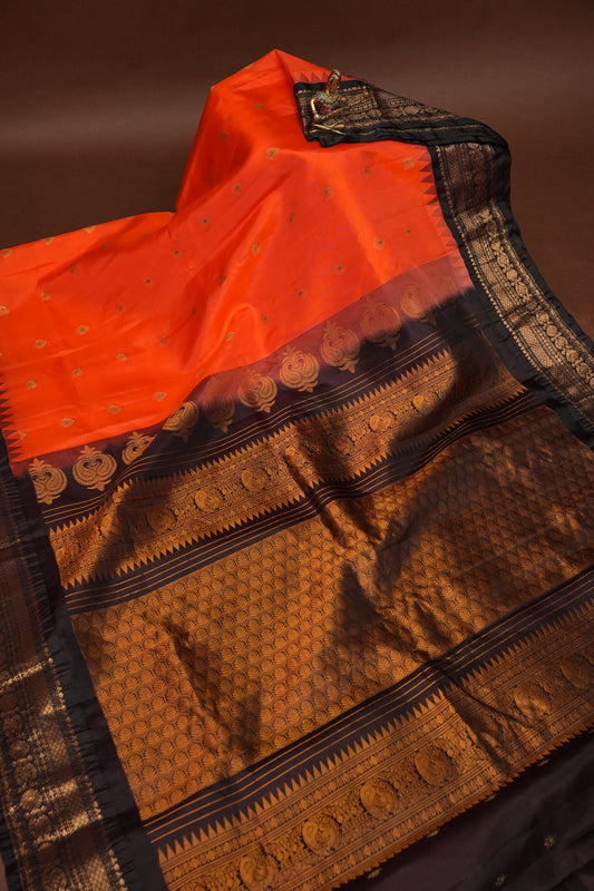 Pure Gadwal Silk Saree - Orange and Black|Silk Mark Certified
