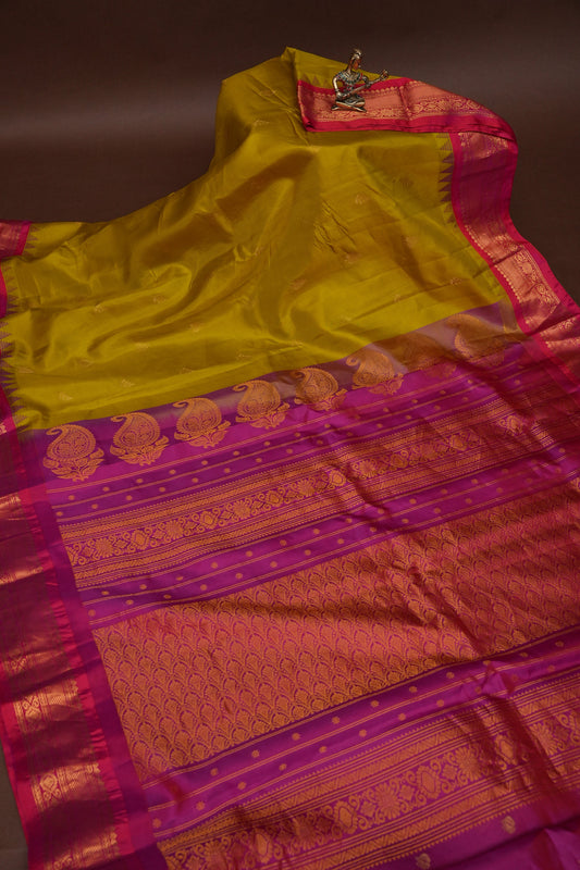 Pure Gadwal Silk Saree - Parrot Green and Hot Pink|Silk Mark Certified