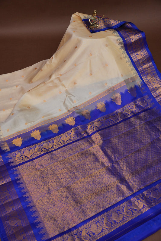 Pure Gadwal Silk Saree - Soft Ivory and Royal Blue|Silk Mark Certified