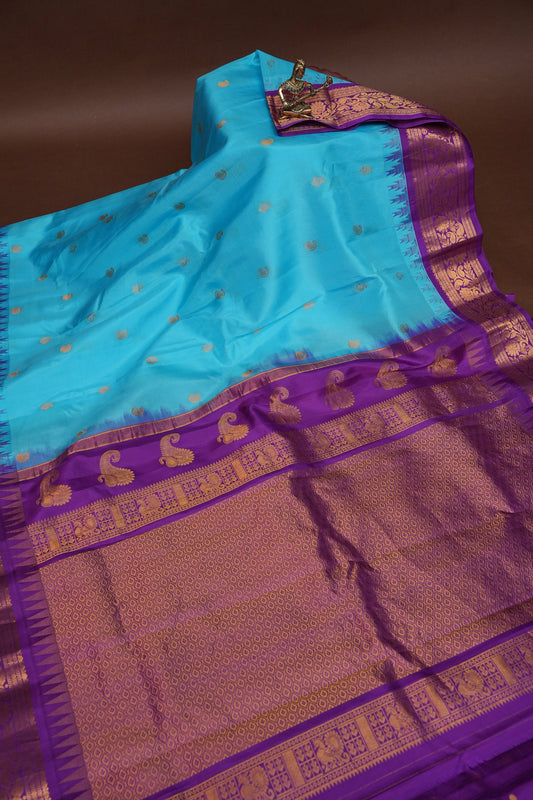Pure Gadwal Silk Saree - Turquoise Blue with Deep Purple|Silk Mark Certified