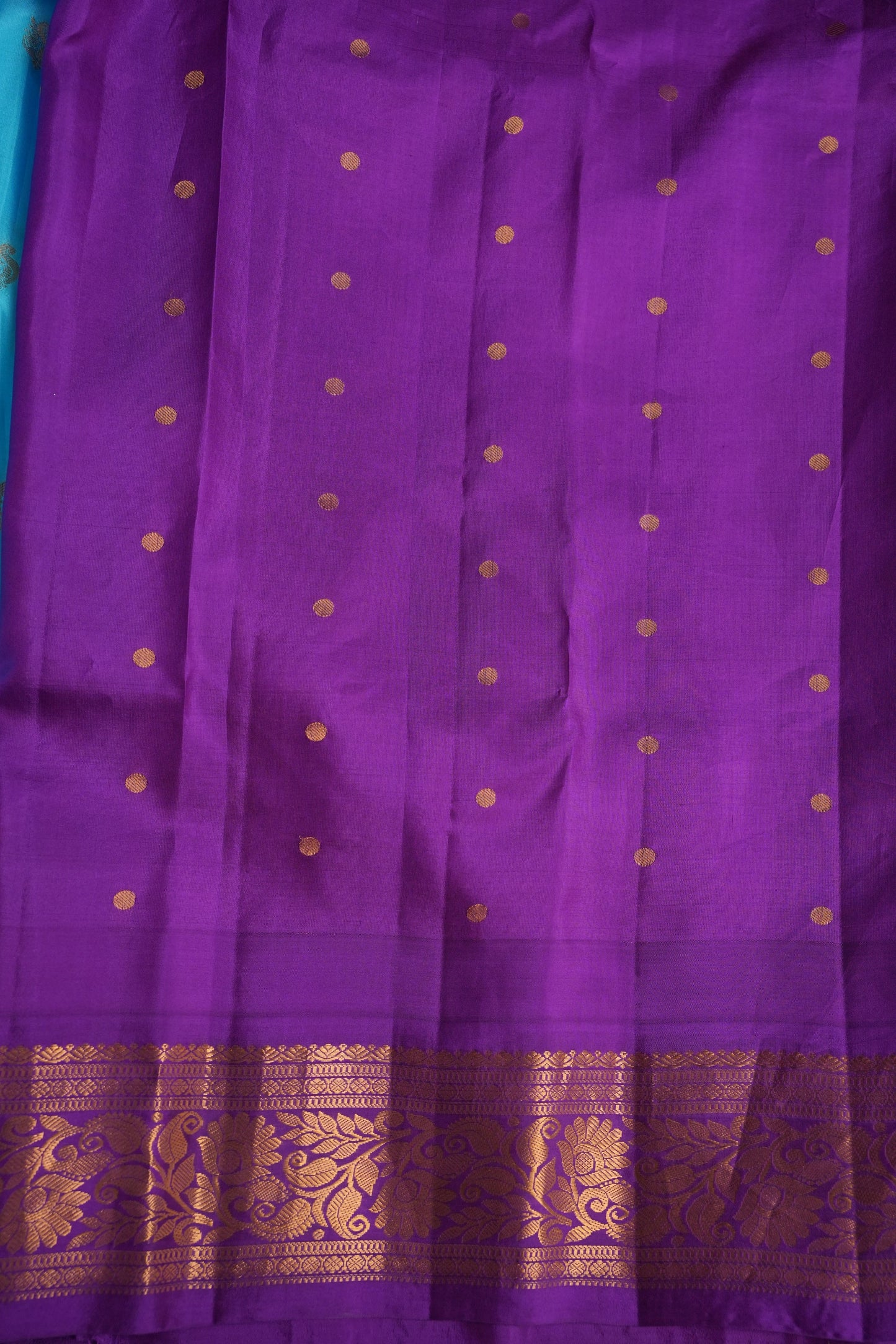 Pure Gadwal Silk Saree - Turquoise Blue with Deep Purple|Silk Mark Certified