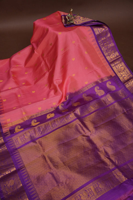Pure Gadwal Silk Saree - Candy Pink with Deep Purple|Silk Mark Certified