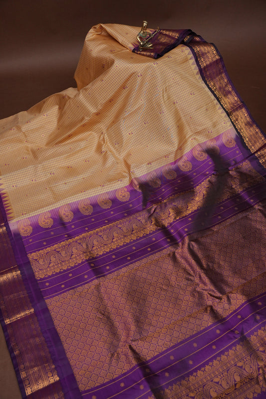 Pure Gadwal Silk Saree - Beige with Deep Purple|Silk Mark Certified