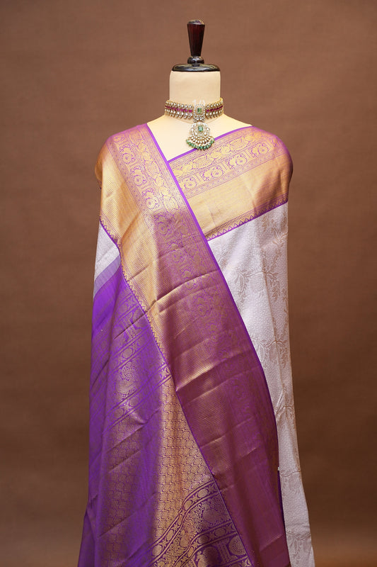 Pure Kanchipuram Silk Saree with 2 Gram Rich Gold Zari Weave - Lavender & Rich Purple|Silk Mark Certified!