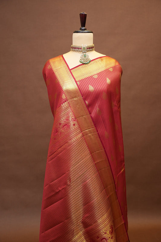 Pure Kanchipuram Silk Saree with Classic Gold Zari Weave - Deep Red