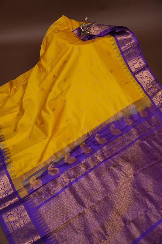 Pure Gadwal Silk Saree - Yellow with Purple|Silk Mark Certified