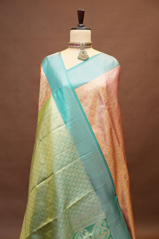 Peach Pure Tissue Kanchipuram Silk Saree With Contrast Aqua Blue Border|Silk Mark Certificate
